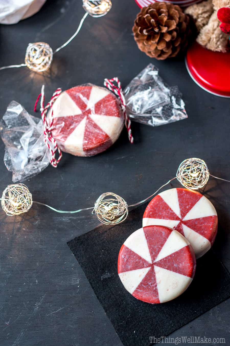 This fun holiday peppermint soap looks like peppermint candy and it's perfect for Christmas time, but can also be enjoyed year round.