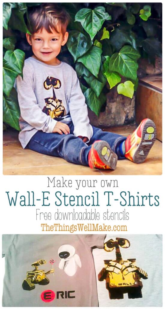 You can make fun and professional looking Wall-E and Eve t-shirts with these stencils, some freezer paper, and some fabric paints. #thethingswellmake #MIY #walle #eve #disney #stencils #tshirts #fabricpaint #crafts #kids #painting #paintingclothes #silhouettecameo #freezerpaper #silhouetteprojects