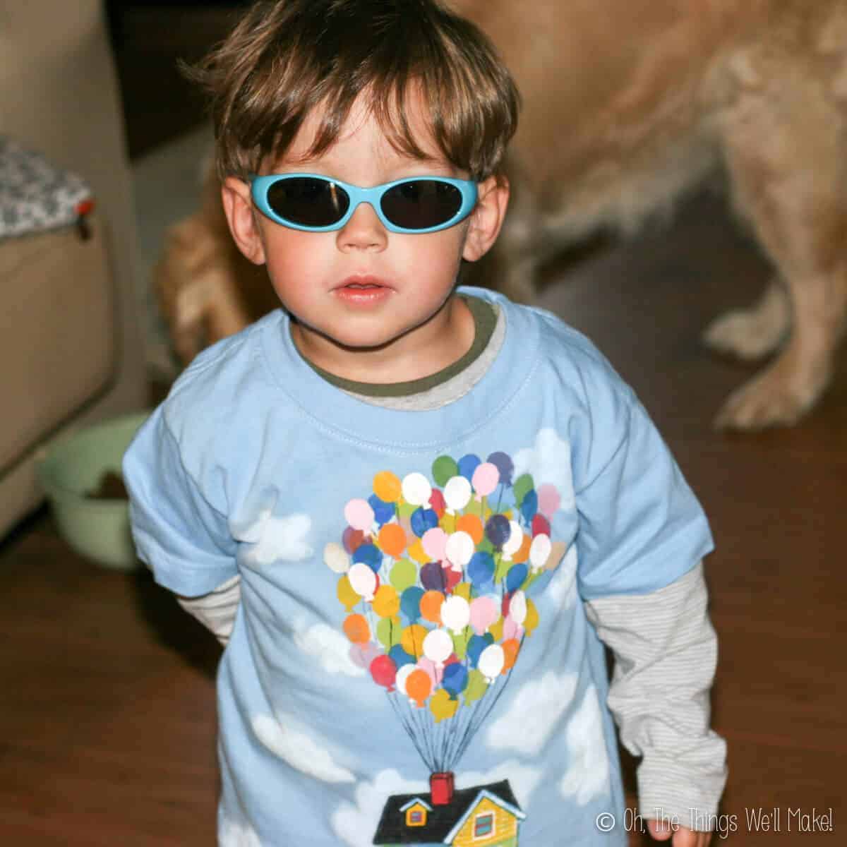 Young boy wearing a handmade stamped Up balloons light blue t-shirt