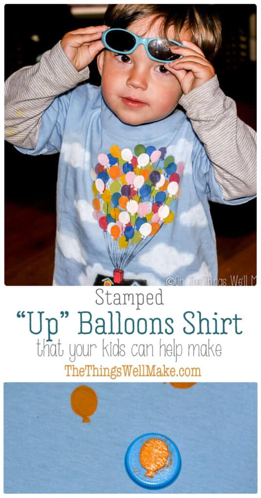 This fun Up house balloons shirt is made with a homemade craft foam stamp and is so easy even a toddler can help you make it. #thethingswellmake #miy #up #balloons #stamp #pixarup #disney #pixar #disneypixar #upballoons #stamping #kidscrafts #kidsclothes #painting #paintingtechniques