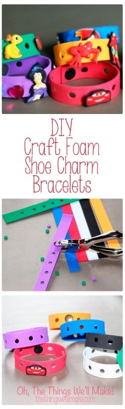 Make an easy DIY charm bracelet for shoe charms (Jibbitz) out of craft foam. They're easy to make and are perfect for party favors.