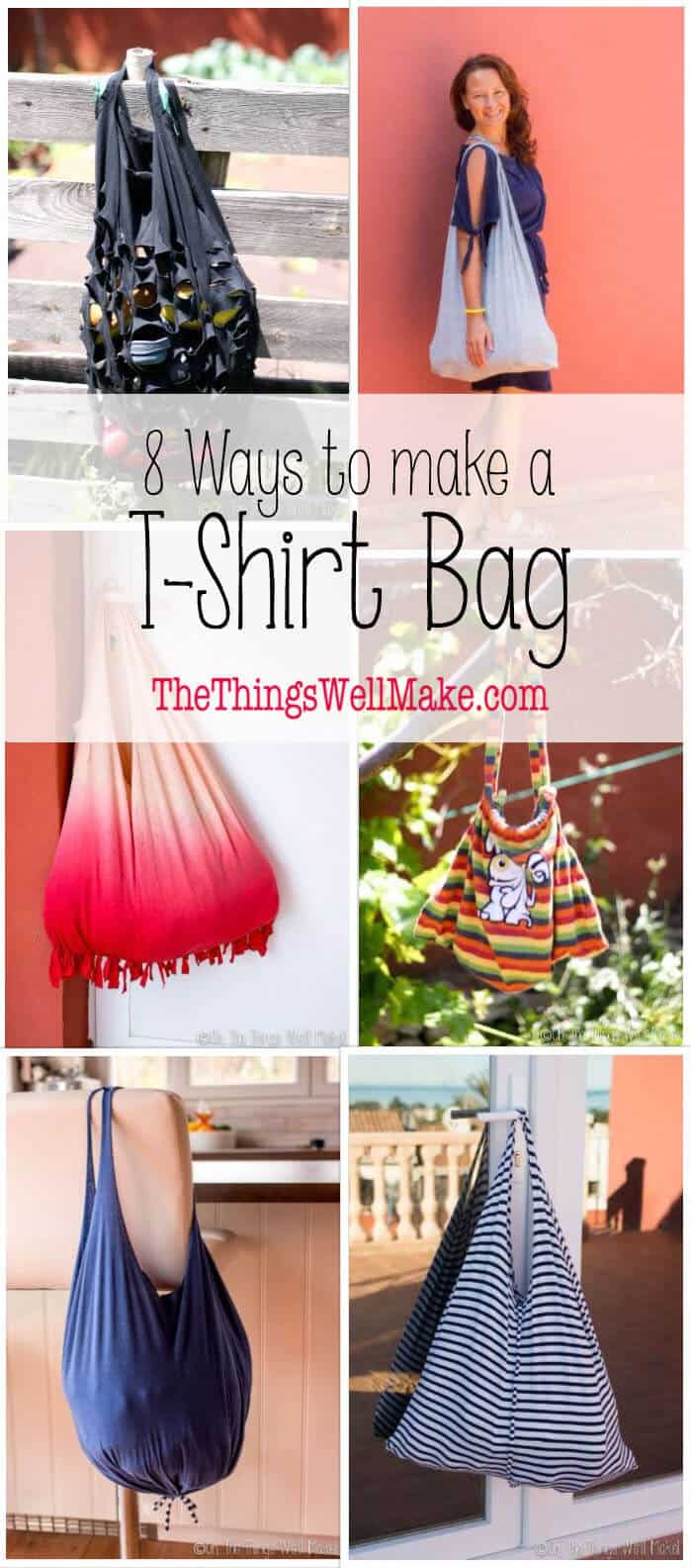 There are lots of ways to make a t-shirt into a bag or backpack. I'll show you eight great ways to do it, and you don't even need to know how to sew! #tshirt #shoppingbag #backpack #upcycle