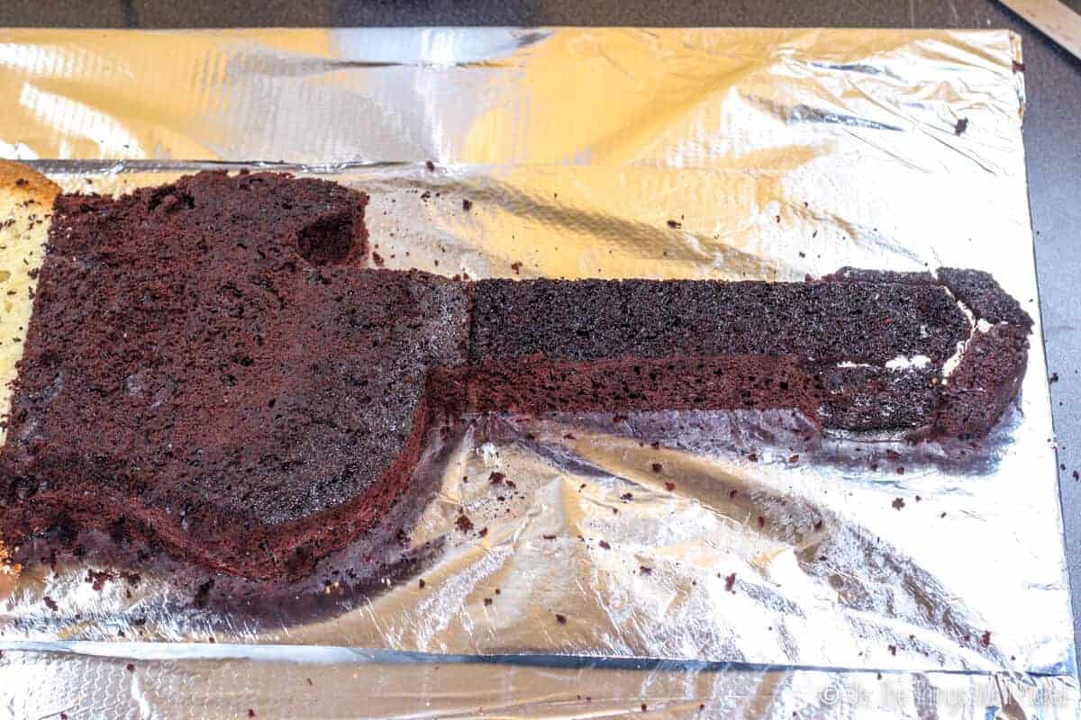 Closeup of guitar neck made out of chocolate cake