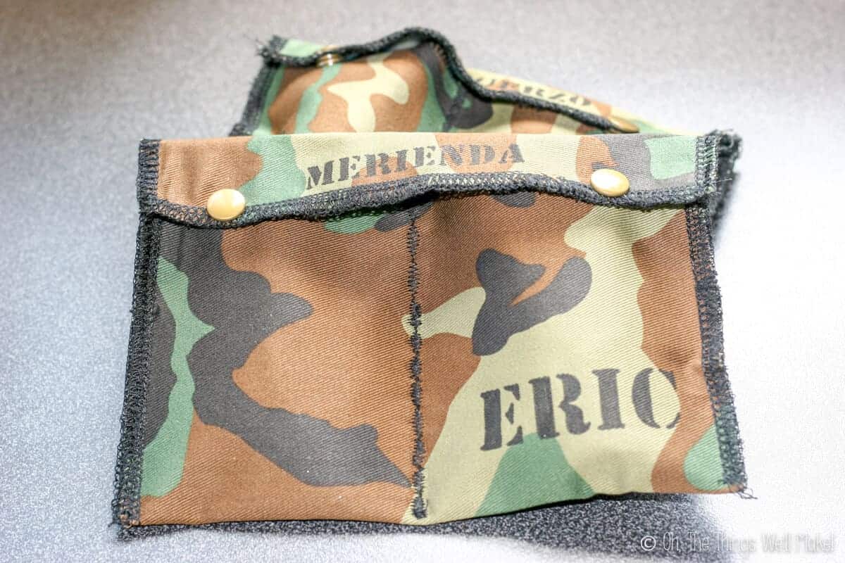 Two snack packs (snack envelopes) made from camouflage fabric.