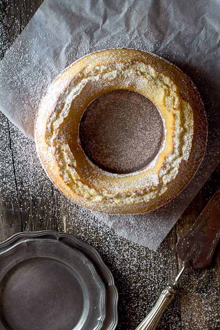 Overhead view of a ciambella allo yogurt, an Italian lemon breakfast cake