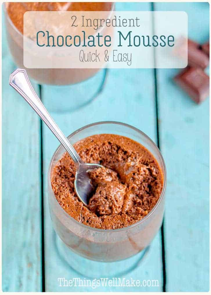 This two ingredient, easy chocolate mousse can be whipped up in a matter of minutes, and it’s rich, smooth creaminess has made it a family favorite. It's also gluten-free and paleo, depending on which chocolate you use. #thethingswellmake #miy #chocolate #mousse #chocolatemousse #dessert #dessertrecipes #chocolatedessert #glutenfree #paleorecipes #glutenfreerecipes #glutenfreedessert #paleodessert #easydessertrecipes #twoingredient #chocolaterecipes