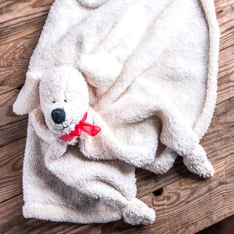 a super cute baby binkie or security blanket that looks like a puppy
