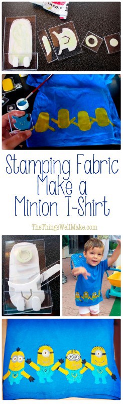 Make a minion t-shirt stamping fabric with paints using homemade craft foam stamps. My son loves this technique because he can help make his own clothes.
