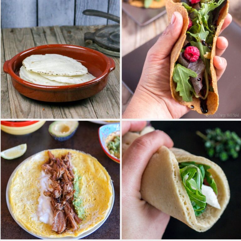 A collage of four images showcasing various tortillas and wraps filled with ingredients like greens, raspberries, shredded meat, and cheese.