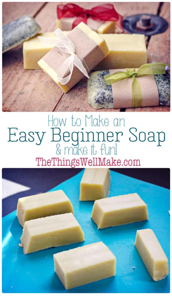 Making soap isn't difficult. This quick and easy, basic beginner soap recipe has a long working time, perfect for beginners. It also comes with fun ideas for personalizing it by adding exfoliants, essential oils, etc. #thethingswellmake #miy #soap #soapmaking