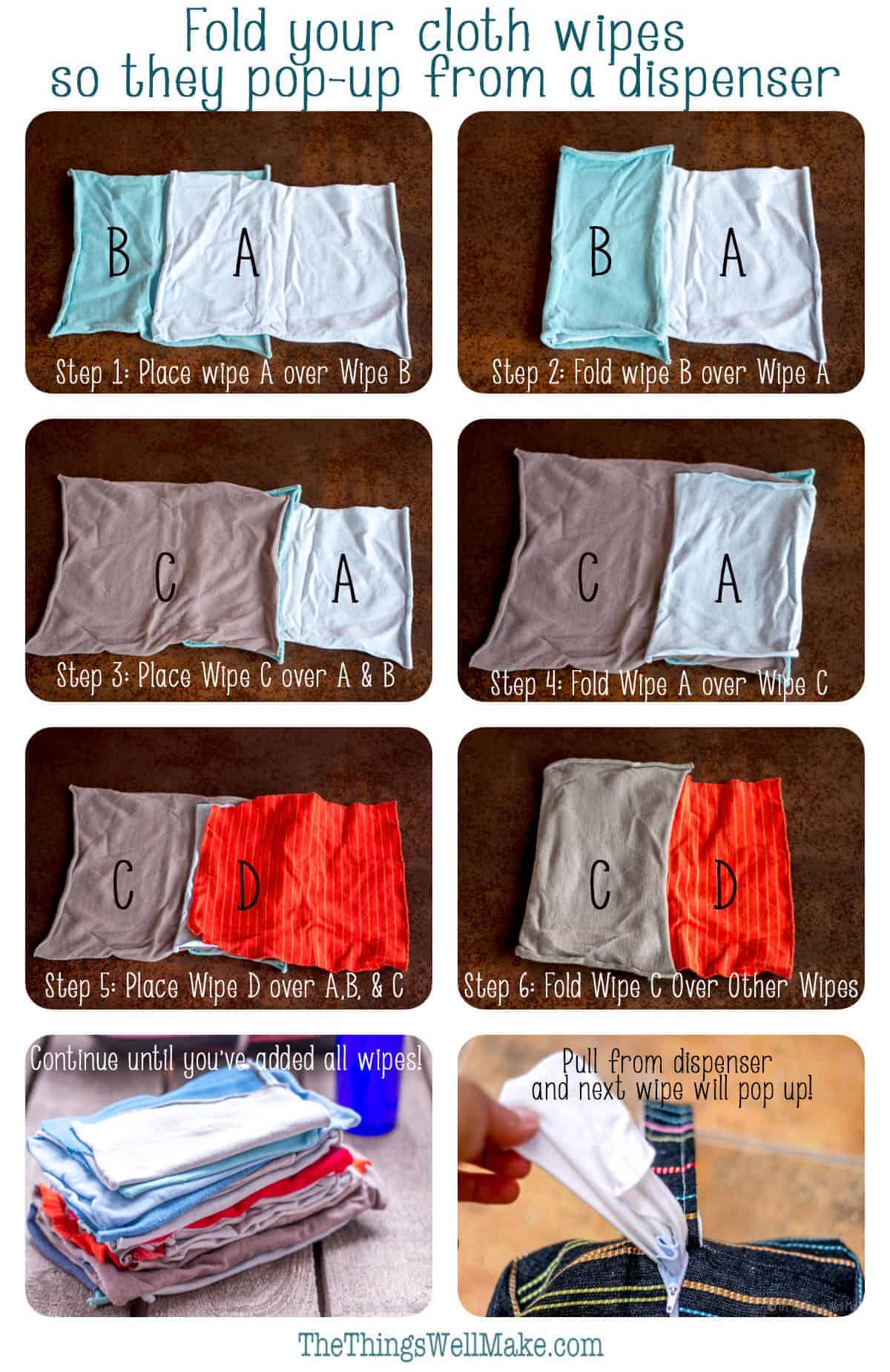 collage of photos showing how to fold cloth wipes so that they pop up from a dispenser