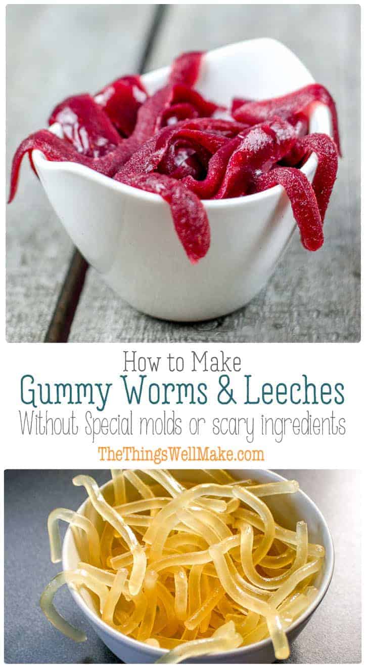 Fun for kids of all ages, learn how to make healthy gummy worms or gummy leeches, even if you don't have any candy molds. #thethingswellmake #miy #gummies #gummyworms #gelatin #gummytreats #healthyeating #healthyrecipes #healthysnacks #halloween #halloweenrecipes #halloweenfood #healthykidssnack #snack #kidssnacks