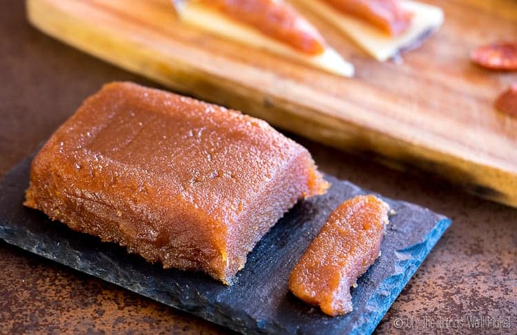 closeup of homemade membrillo on a slate platter