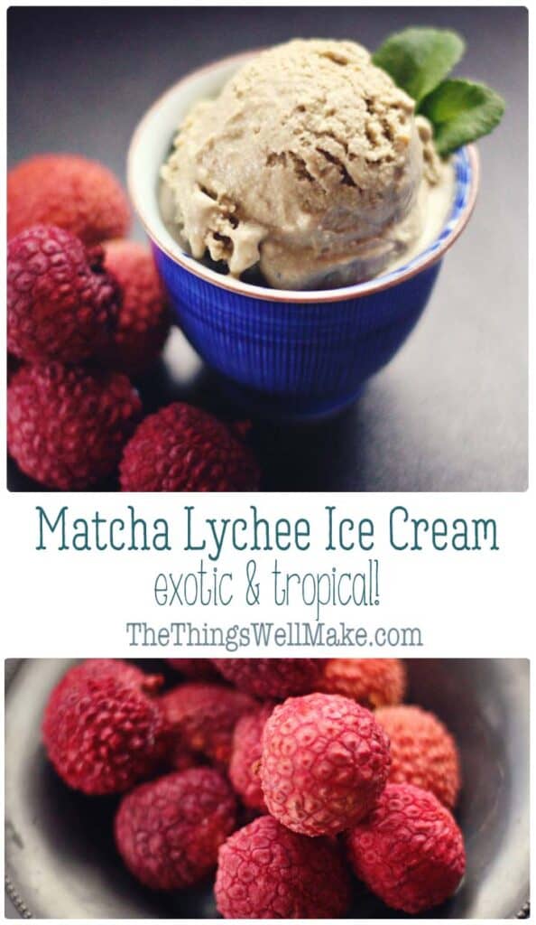 Simple to make, this homemade ice cream combines two exotic flavors, matcha green tea and lychees. It's deliciously smooth and creamy and sure to please! #thethingswellmake #tropicalflavors #homemadeicecream #matcha #matchagreentea #matcharecipes #lychees #healthydesserts