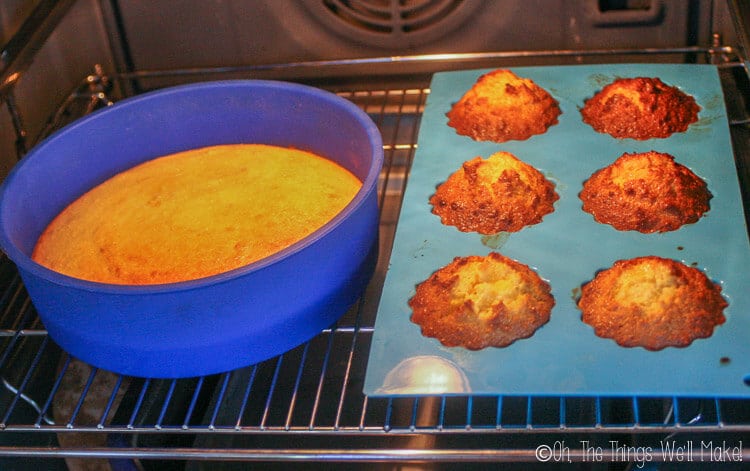 baking the St. James Cake in silicone cake and cupcake molds