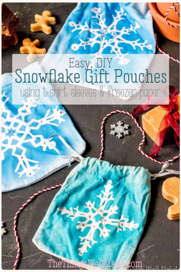Save the waste of wrapping paper by using reusable gift pouches. These beautiful snowflake gift pouches are easily made from recycled t-shirt sleeves. They can also be used as party favors for a Frozen themed party. This is an easy project for both kids and adults! #thethingswellmake #miy #upcycle #christmas #snowflakes #giftwrapping #gifts #pouch #giftideas #freezerpaper #frozen #partyfavors #frozenparty #sewingbag #upcycledclothing #embellish #recycledclothes