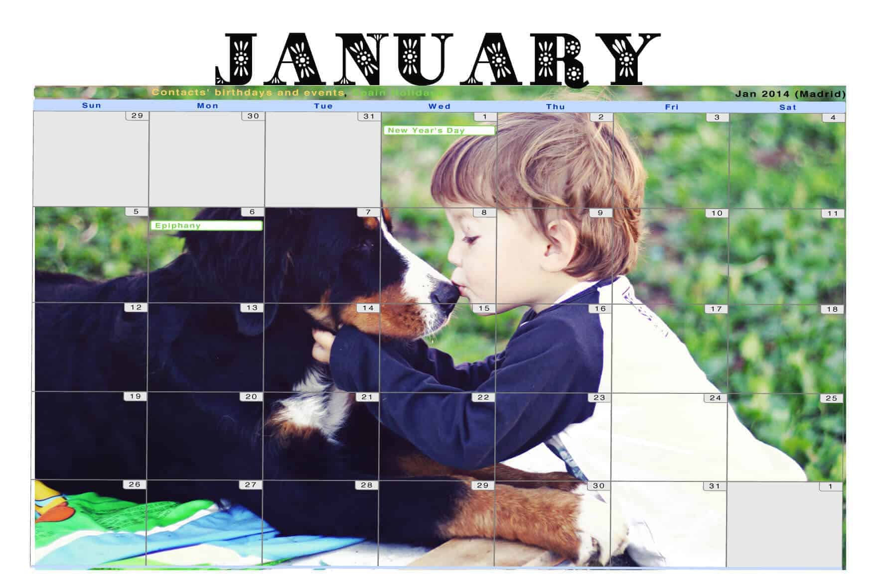 a January Google calendar with a background image of a boy kissing a dog.