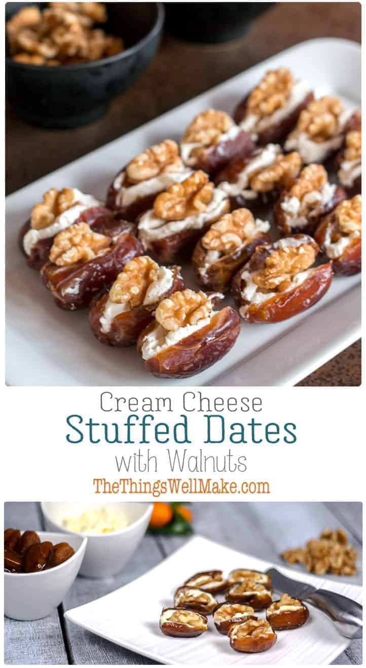 Quick, simple, yet elegant, these cream cheese stuffed dates with walnuts are highly customizable and are the perfect addition to your holiday appetizer lineup. #dates #appetizers #horsdoeuvres