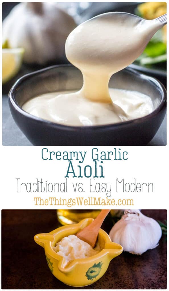 The perfect accompaniment to fish, rice dishes, bread, or anything that could benefit from a creamy, garlic sauce, this easy aioli recipe will be ready in 5 minutes flat. If you've got more spare time, and are more adventurous, though, try the traditional vegan aioli. #thethingswellmake #miy #aioli #aiolisauce #garlic #garlicrecipes #sauces #condiments #homemadesauce #spanishrecipes #garlicmayonnaise #mayonnaiserecipes