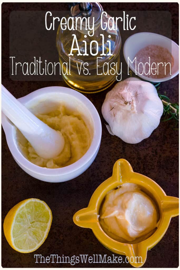 The perfect accompaniment to fish, rice dishes, bread, or anything that could benefit from a creamy, garlic sauce, this easy aioli recipe will be ready in 5 minutes flat. If you've got more spare time, and are more adventurous, though, try the traditional vegan aioli. #thethingswellmake #miy #aioli #aiolisauce #garlic #garlicrecipes #sauces #condiments #homemadesauce #spanishrecipes #garlicmayonnaise #mayonnaiserecipes