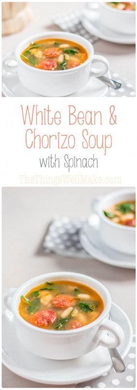 The perfect, hearty soup for a cold, rainy day, this white bean and chorizo soup with spinach is a flavorful comfort food that you'll want to make again and again.