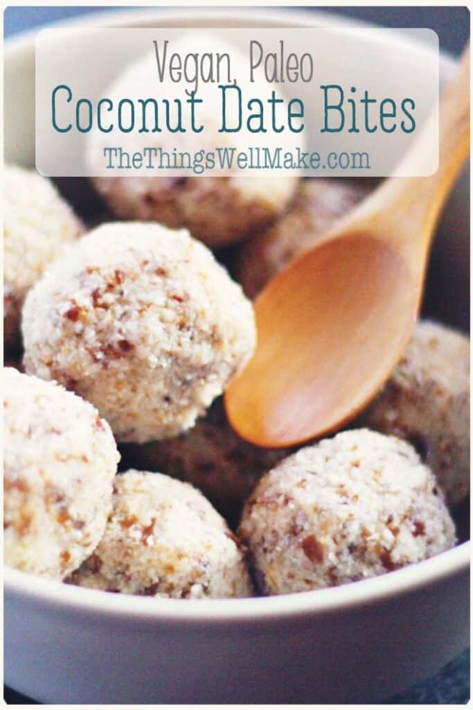 Looking for a naturally sweetened treat that is easy to make? Made with only two ingredients, coconut and dates, these coconut date balls are naturally sweet, without any refined sugar. For a fun presentation, they can also be pressed into candy molds.. #thethingswellmake #vegan #paleo #coconutdateballs #coconut #coconutrecipes #healthysnacks #vegansnacks #paleosnacks