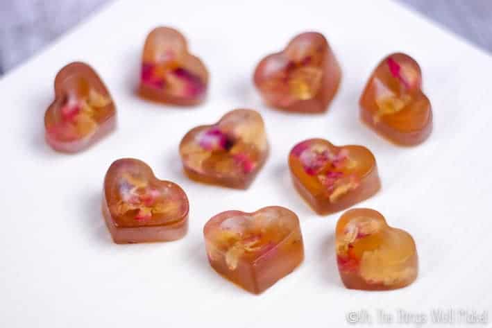 Roses are an edible flower, perfect for confecting Valentine's Day treats. These rose petal gummies are beautiful and healthier than candy alternatives. #thethingswellmake #miy #gummies #valentinesday #valentinesday #roses #homemadegummies #valentinesfood #rosesweets #rose #rosewater #gummycandy #gummy #valentinesdaytreats