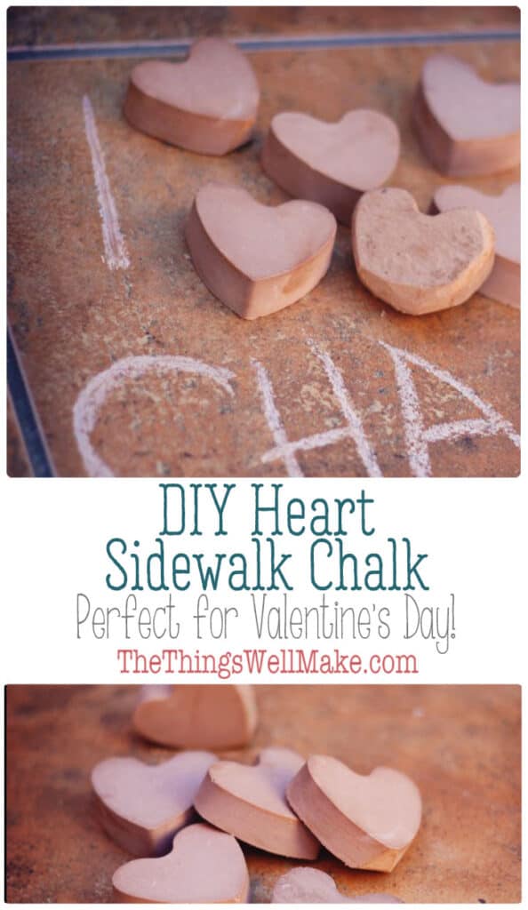 Making your own sidewalk chalk is a fun and easy project that kids will love. Learn how to make heart sidewalk chalk for Valentine's Day! It's a fun project for kids (or a cute Valentine's gift)! #thethingswellmake #miy #valentinesday #valentinesdaycrafts #valentinesdayideas #valentinesdayart #craftsforkids #kidsart #valentinesgifts #sidewalkchalk #sidewalkart #chalk #chalkart #homemadechalk