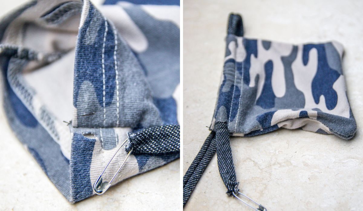 Two photos showing a safety pin used to thread a fabric drawstring through the existing hem of a T-shirt sleeve.
