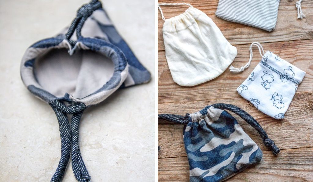 Two photos showing a camouflage fabric pouch with drawstrings on opposite sides and several finished drawstring pouches made from recycled T-shirt sleeves.