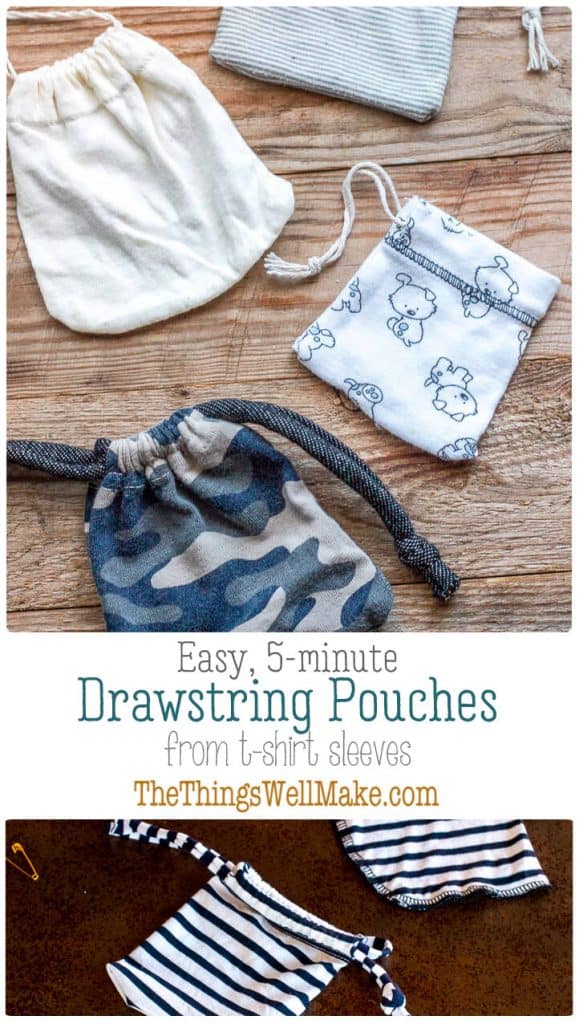 Easily make a drawstring bag in less than 10 minutes with one seam by upcycling old t-shirts and taking advantage of the hem. You can also make a pouch from the sleeves. #thethingswellmake #miy #upcycle #drawstring #bag #sewing #easy #easysewingprojects #easysewing #partyfavors #giftbags #drawstringbag #pouch
