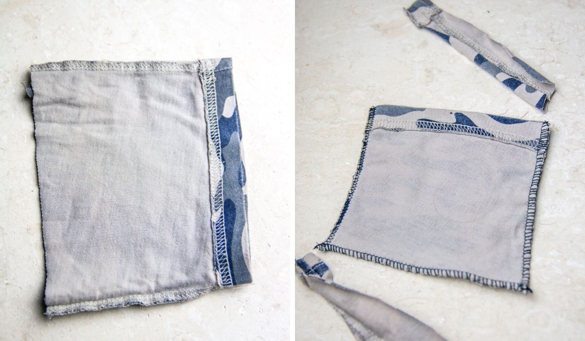 Two photos showing a T-shirt sleeve turned inside out, trimmed into shape, and sewn along the edges to make a drawstring pouch.
