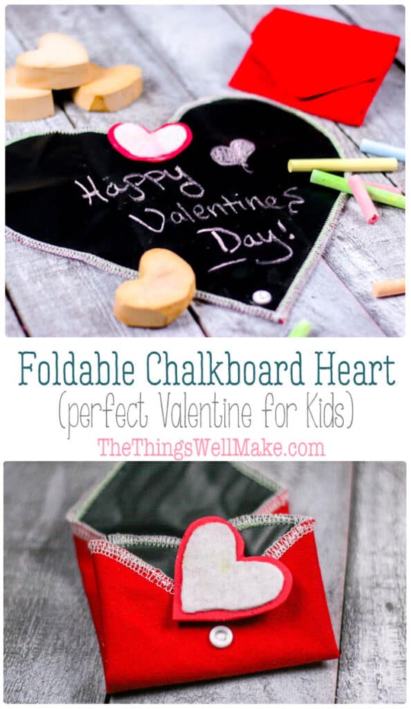 Kids will love this portable, foldable chalkboard heart. It's the perfect Valentine for your favorite little artist! How to quickly sew up a portable, foldable chalkboard heart, complete with its own homemade felt eraser. It begins as a heart, and folds into an envelope. #thethingswellmake #miy #valentinesday #valentinescrafts #craftsforkids #valentinesforkids #kidscrafts #chalkboard #chalkboardfabric #chalkboardart #valentines