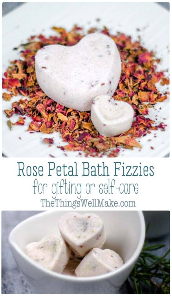 Soothe your skin and relax in a luxurious bath using these homemade rose petal bath bombs (bath fizzies). They're great for gifting or much-needed self-care. #thethingswellmake #miy #bathbombs #selfcare #valentinesday #bathtimefun #bathtime #selfcaretips #relaxation #relaxdestressideas #valentinesdaycraft