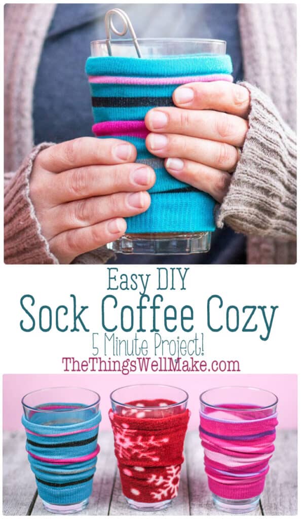 Enjoy your hot beverage without burning yourself with this easy DIY coffee cozy that can be made from a mismatched sock in around 5 minutes! (Or use polar fleece scraps or other knit items!) #thethingswellmake #miy #coffeecozy #sewsimple #diyproject #seweasy #sewingprojects #beginnersewing #coffee #teatime #nosew #upcycle #coffeesleeve