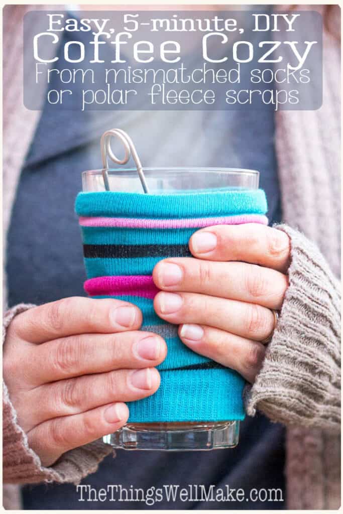 Enjoy your hot beverage without burning yourself with this easy DIY coffee cozy that can be made from a mismatched sock in around 5 minutes! (Or use polar fleece scraps or other knit items!) #thethingswellmake #miy #coffeecozy #sewsimple #diyproject #seweasy #sewingprojects #beginnersewing #coffee #teatime #nosew #upcycle #coffeesleeve