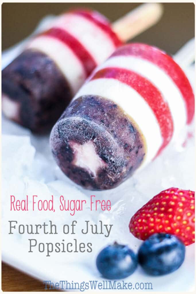 These red, white, and blue patriotic popsicles are healthy, easy to make, and perfect for celebrating the fourth of July or for serving any time you want to show off your patriotism. Plus, they're made with real food and they're refined sugar-free! #thethingswellmake #recipes #redwhiteandblue #patrioticdessert #patrioticdesserts #starsandstripes #festivefood #healthysnacks #popsicles #sugarfree #frozendessert #patrioticfood #redwhiteandbluefood #strawberries #blueberries #memorialday #july4