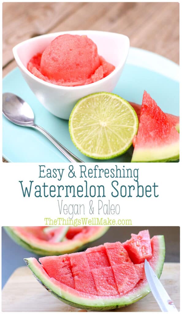 Quickly whip up this easy watermelon sorbet in under 5 minutes. Perfect for summer, this sweet, refreshing treat is actually healthy, paleo, and vegan. #thethingwellmake #watermelon #sorbet #watermelonsorbet #frozentreats #summerfood #refreshing #frozendessert #vegan #paleo #refinedsugarfree #noaddedsugar #dessertrecipes #paleorecipes #dairyfree #dairyfreerecipes #veganrecipes #sorbetrecipes #watermelonrecipes