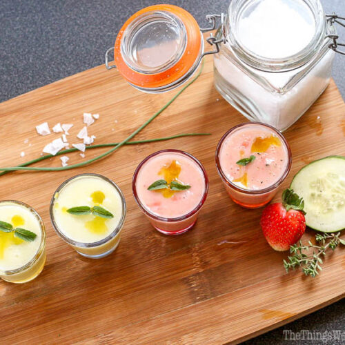 Cool and refreshing, this strawberry melon gazpacho is a fun new way to enjoy this Spanish classic soup without tomatoes.