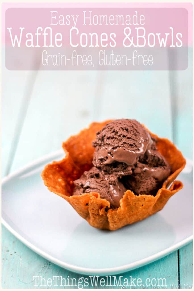 Fun and easy to make, these grain-free waffle cones and bowls are the perfect accompaniment to ice cream or frozen yogurt. They're perfect for parties and kids love being able to make them. #thethingswellmake #grainfree #glutenfree #wafflecones #waffleconerecipe #icecream #icecreamrecipes