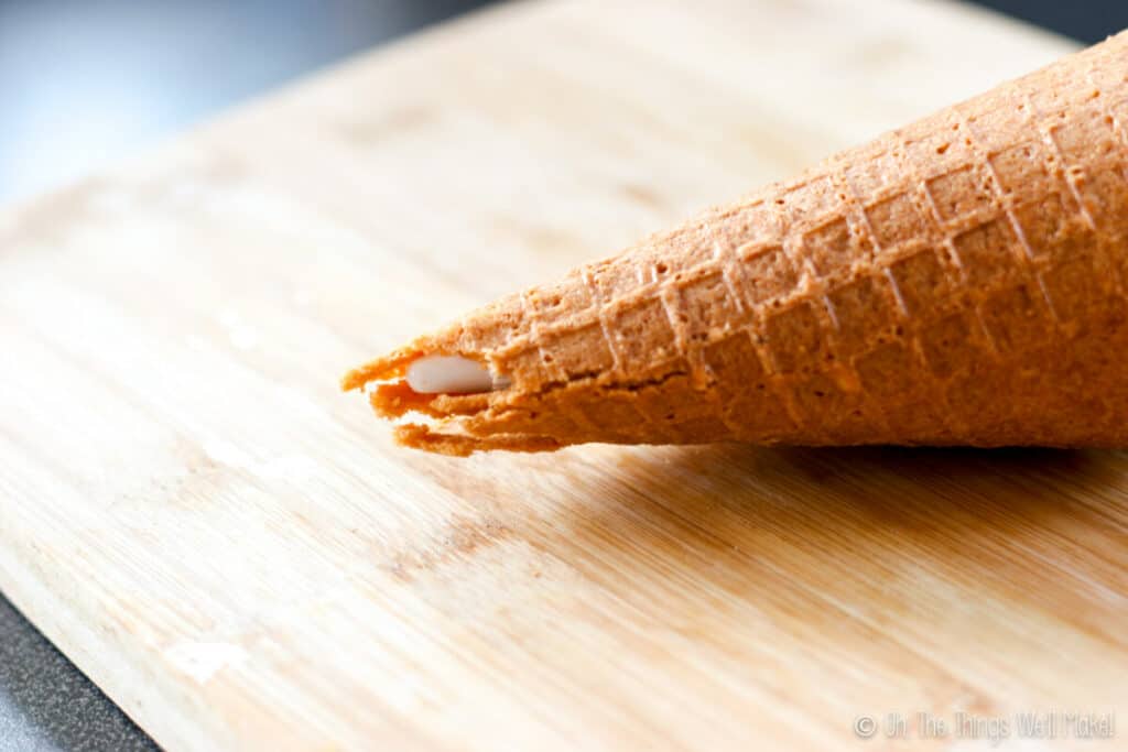 A closeup of the broken tip on one of the homemade waffle cones.