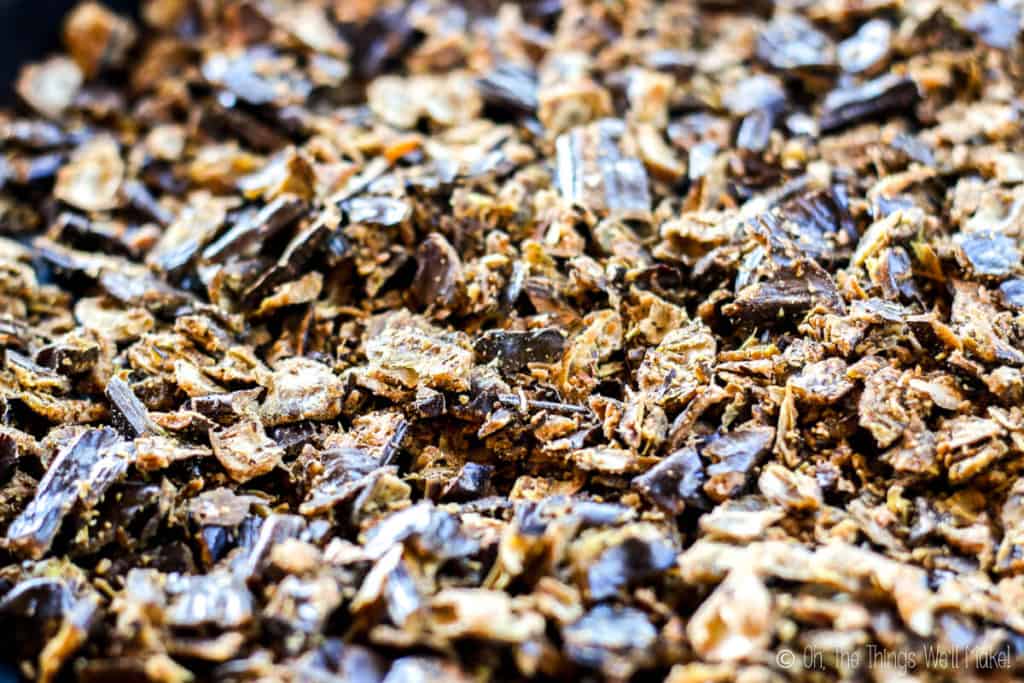 Closeup of chopped up carob pods