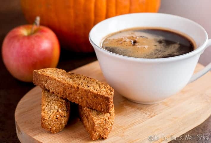 These crunchy almond based Italian cookies are perfect for dipping in coffee, chai tea, or my sweet pumpkin pie dip. They're also a grain-free, guilt-free indulgence. #thethingswellmake #miy #biscotti #pumpkinspice #pumpkinrecipes #fallrecipes #paleorecipes #grainfree #vegan #cookies #cookierecipes #paleo #veganrecipes #breakfast #dessert