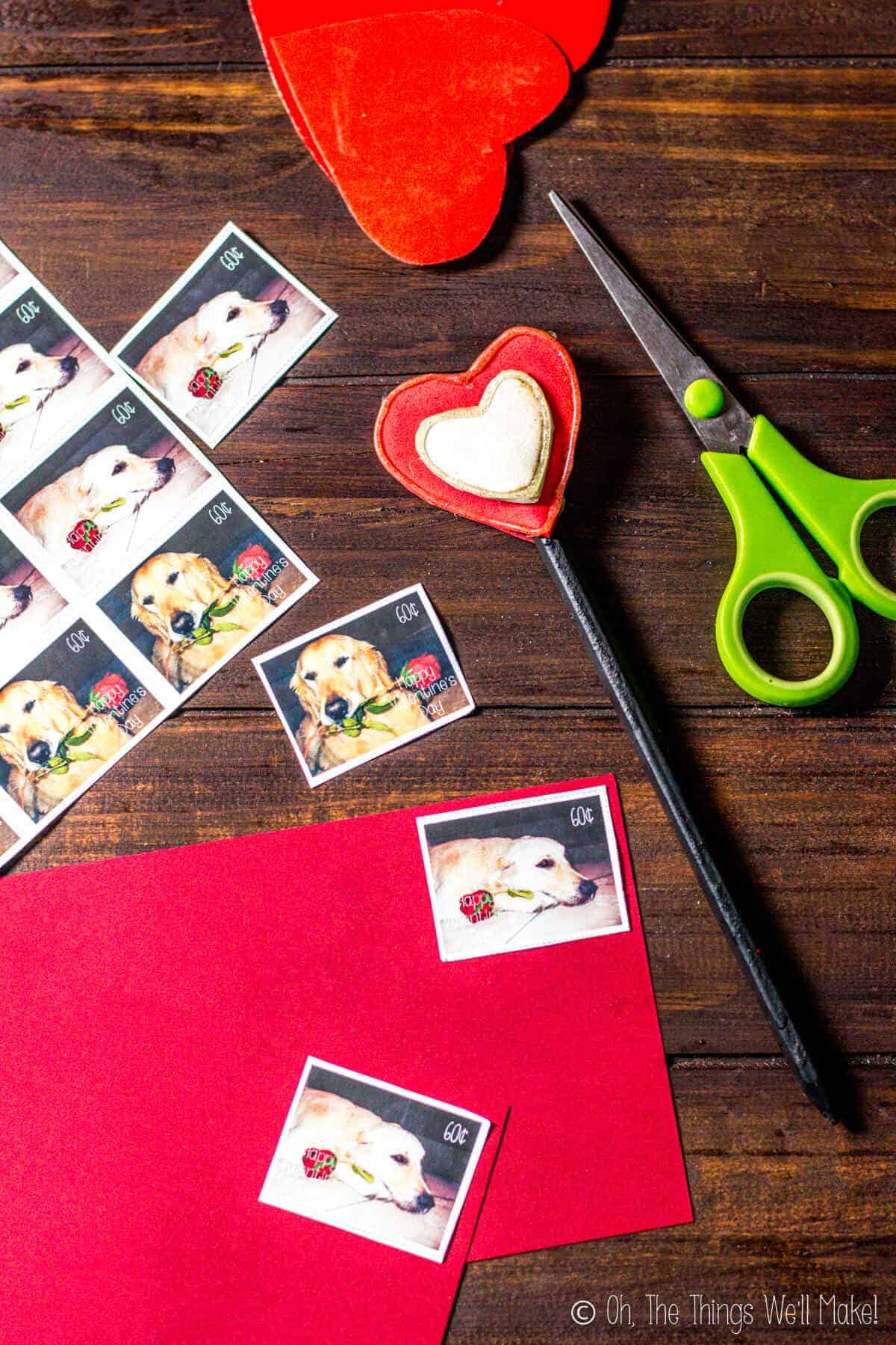 Fun Valentine's day postage stamps being stuck on valentines