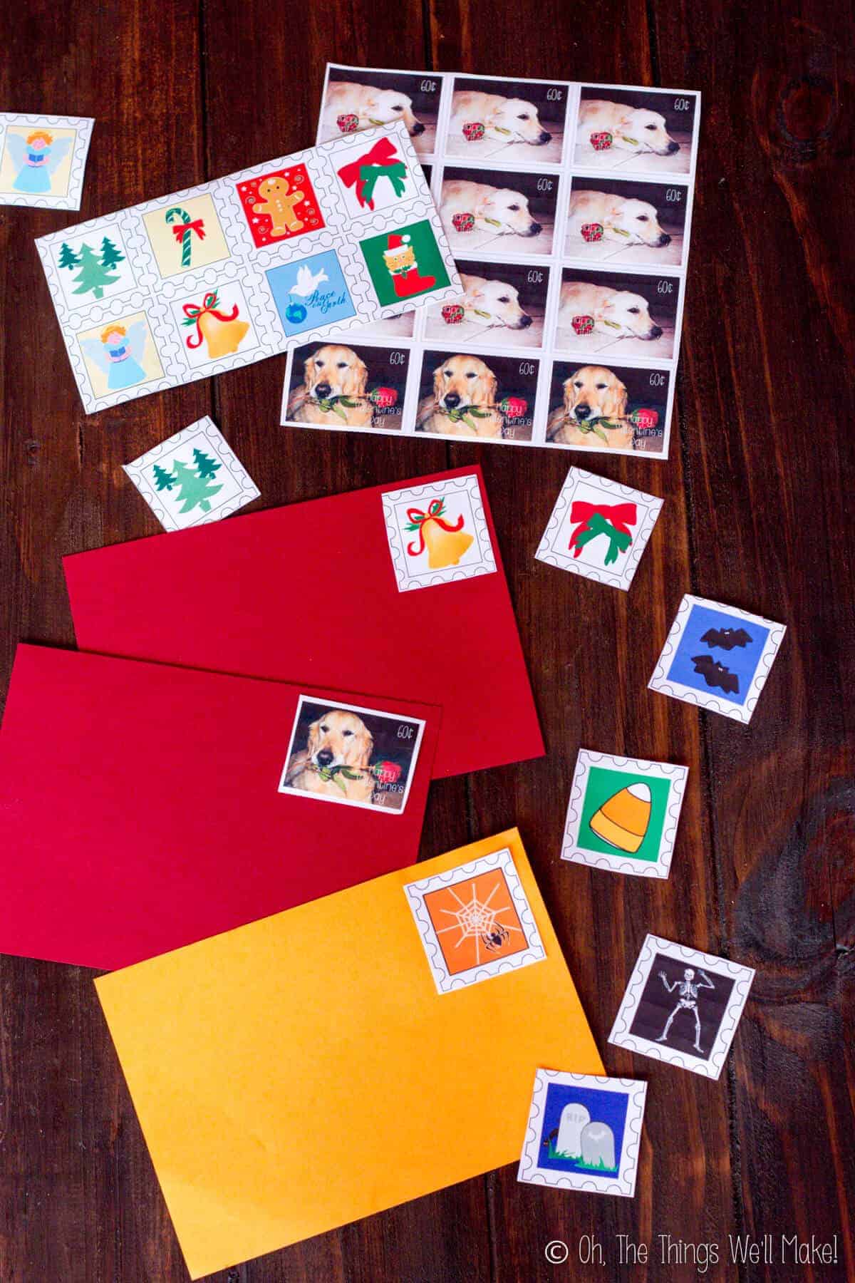 A variety of Halloween, Christmas, and Valentine's Day homemade postage stamps using gelatin