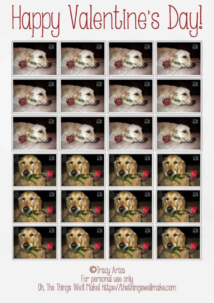 sheet of Valentine's Day stamps with golden retrievers