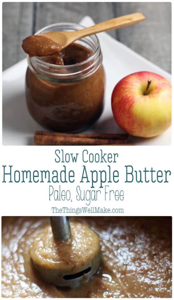 Sweet and tangy with a hint of fall spices, this slow cooker apple butter is simple to make and is very versatile. It can be used as a delicious spread, a dip, or even a cake filling. Learn how easy it is to make spiced apple butter in your slow cooker! Even better, it's refined sugar-free and paleo. #thethingswellmake #applebutter #applerecipes #fallrecipes #apples