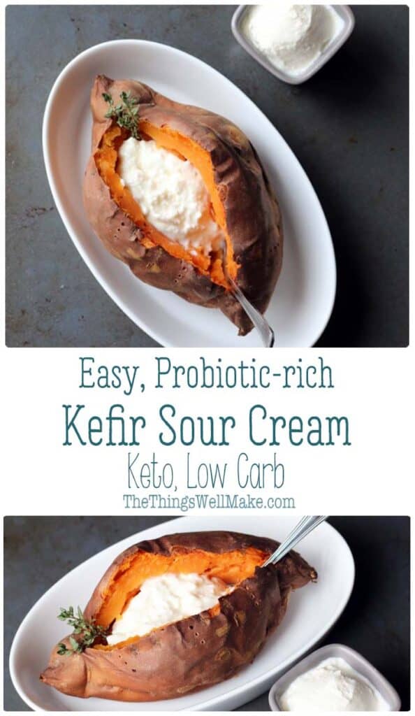 A tasty way to add probiotic goodness to your life, kefir sour cream is super easy to make and tastes delicious! It's the perfect gut-friendly condiment that goes great with potatoes, tacos, soups, and just about anything you can think of! #thethingswellmake #kefir #sourcream #homemadesourcream #probiotic