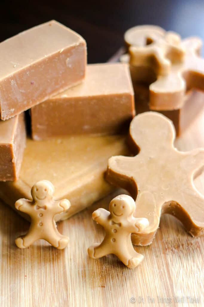 a groups of homemade gingerbread soaps in different shapes