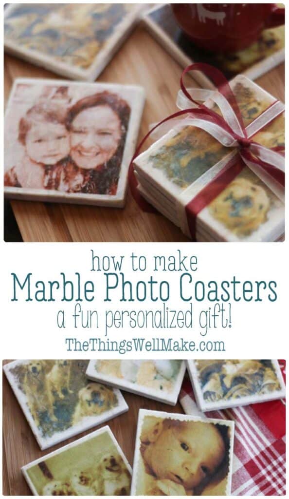 Learn how to make DIY marble photo coasters for yourself, or as a personalized, homemade Christmas present. Easy and fun! #thethingswellmake #coasters #photography #diygift #giftidea #easygiftideas